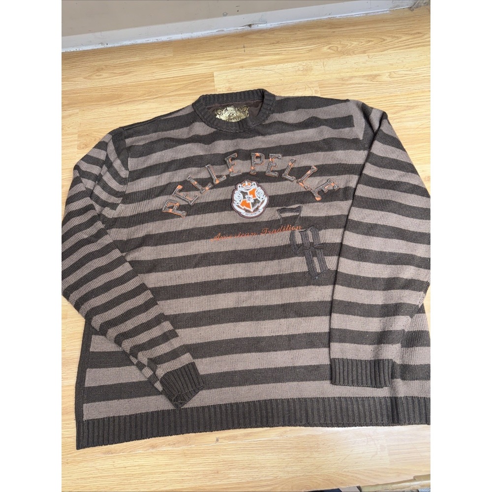 Pelle Pelle Knit Brown Striped Sweater 2XL Big Logo Baggy‎